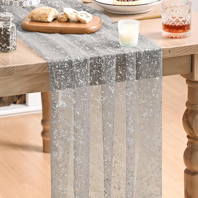 Artoid Mode 6PC Grey Gold Gauze Table Runner 120 Inch 10FT, Glitter Metallic Foil Sheer Dining Wedding Anniversary Holiday Birthday Table Decor for Home Party