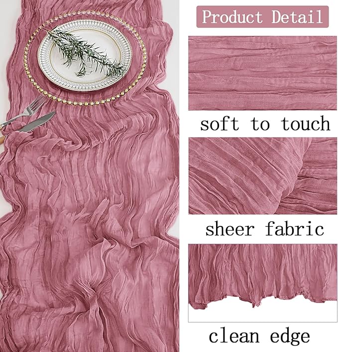 6 Pack Dusty Pink Cheesecloth Table Runner 20 x 120 inch Gauze Table Runners 10 FT Long,Semi Sheer Cheese Cloth Fabric Table Runner Bulk for Wedding,Party,Baby Shower,Bridal Shower Decoration