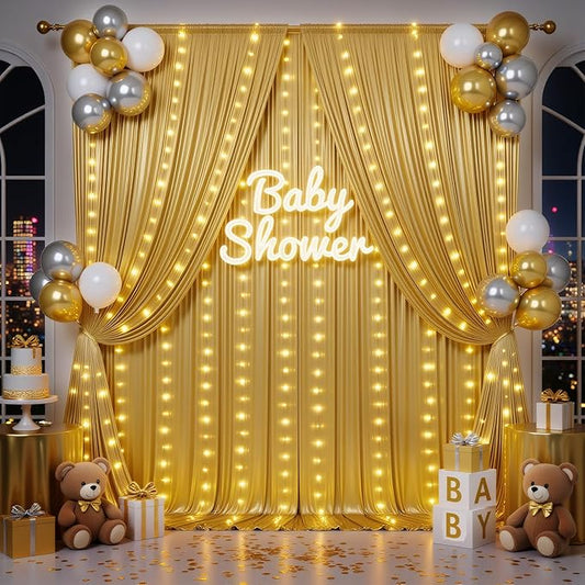 Outpain 20x10ft Gold Sequin Backdrop Curtains with Light -Lighted Up Gold Photo Backdrops with Non-Shedding Glitter, Wrinkle-Free Drapes for Wedding/Christmas/Studio(5x10ft 4 Panels)