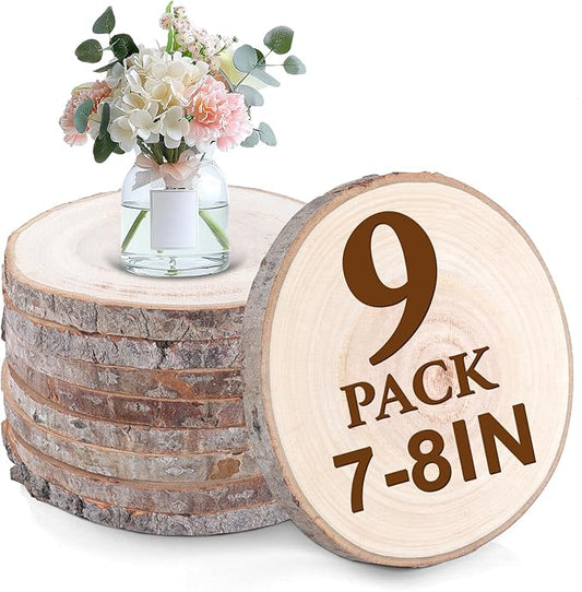 9 Pcs Natural Wood Slices.7-8 Inch Wood Rounds for Weddings Centerpieces Decor. Wood Circles & Slabs for DIY Painting Crafts.Wood Centerpieces for Tables and Baby Shower Centerpieces.