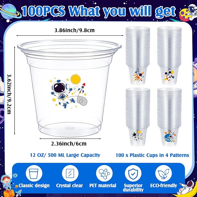 Geyoga 100 Pcs Space Party Plastic Cups 12 oz Astronaut Disposable Clear Cups Bulk Outer Spacer Birthday Party Supplies for Cold Juice Beverage Holiday Favor