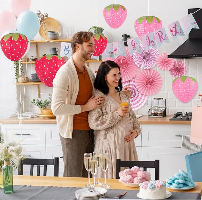 12 Pack Strawberry Paper Lanterns Paper Fan Party Decorations - Hanging Birthday Lantern Decor Fruit Themed Parties Strawberry Decorations Lanterns For Garden,Yard,Lawn,Etc.