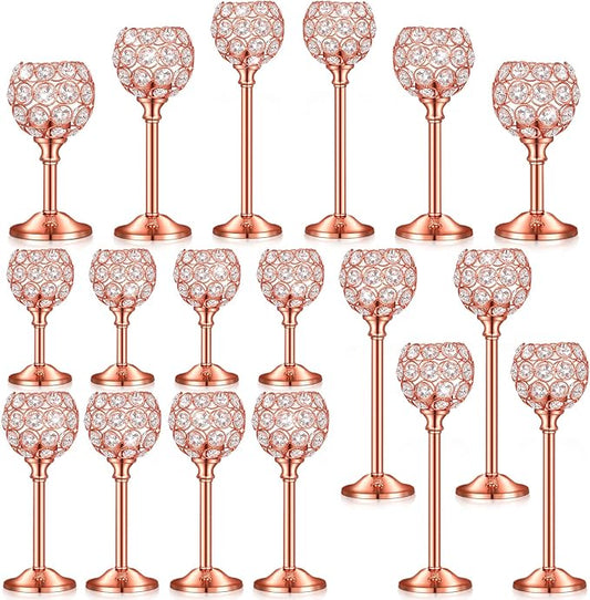 Qunclay 18 Pieces Crystal Candle Holders Bulk Candle Stick Holder Centerpieces for Table Wedding Centerpieces Crystal Decorative Tealight Dining Table Decor for Party(Rose Gold)