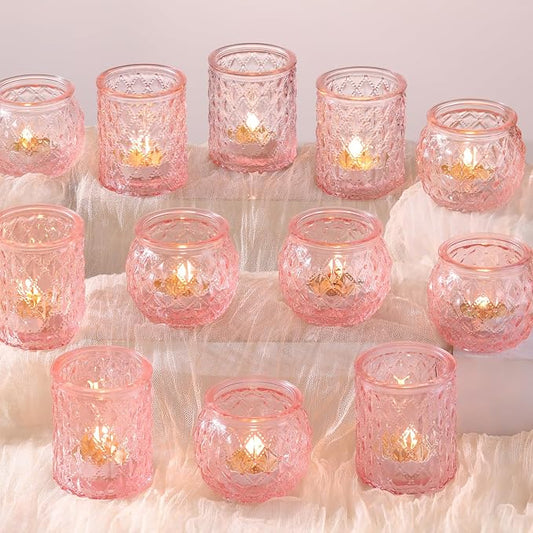 DARJEN 12Pcs Pink Votive Candle Holders- Glass Candle Holders Bulk for Flameless Tea Waxes, Romantic Candle Holder for Wedding & Parties, Home Table Decor