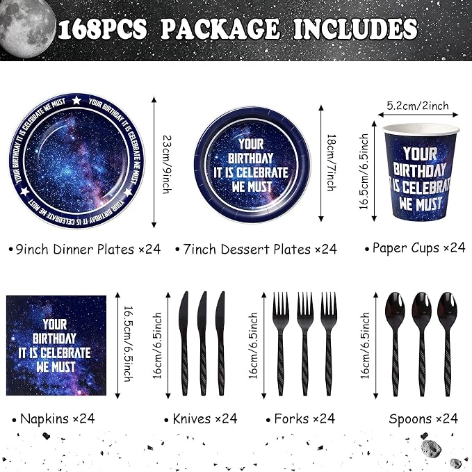 Space Theme Party Supplies 168PCS- Star Galaxy Birthday Decorations Set Includes 9” & 7” Dinnerware Paper Dessert Dinner Plates, Napkins, Cups & Cutlery, Serves 24