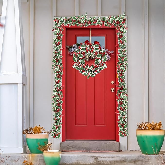 Zerzsy 2 Pack Artificial Red Garland,Eucalyptus Garland Green Leaves with Red Berry,Faux Hanging Garland Vine Plants Decorations for Table, Mantle, Staires, Wall, Indoor/Outdoor(2pcs-Red)