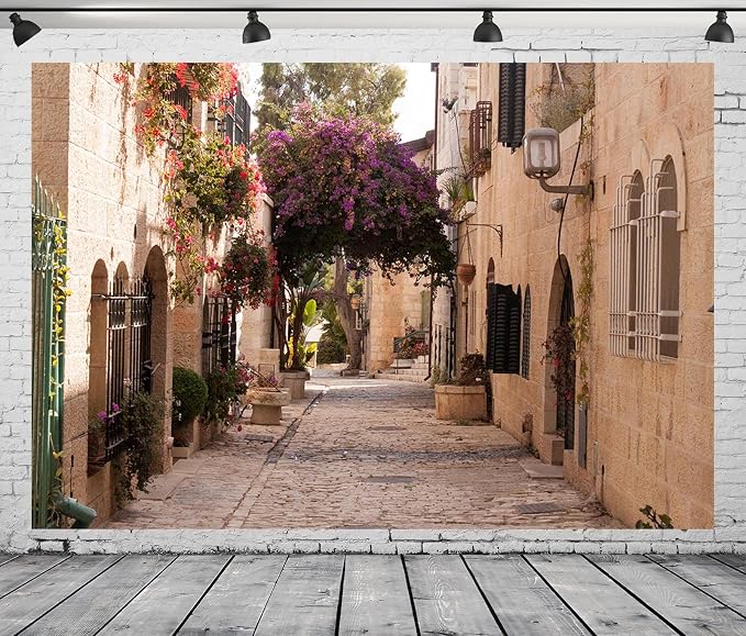 BELECO 12x10ft Fabric Jerusalem Town Street Backdrop Cobbled Street Ancient Village Old Stone Wall Houses Spring Flowers Historic City Israel Background for Party Decorations Photo Booth Studio Props