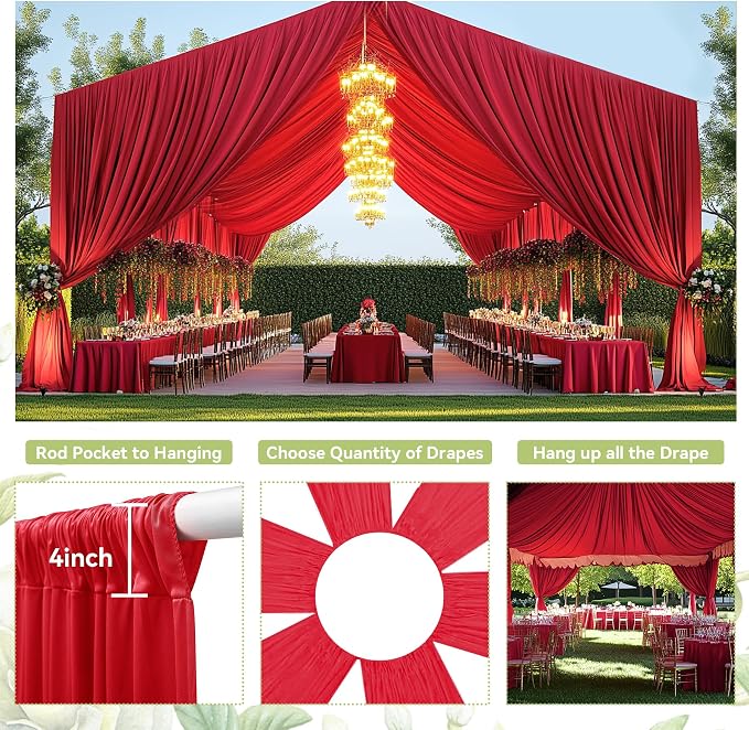 20ftx40ft Red Ceiling Curtain for Wedding Parties – 4 Panels Wrinkle-Free 40 FT Long Tent Draping Curtains for Wedding, Birthday & Theme Parties, 40ft Height with Rod Pocket
