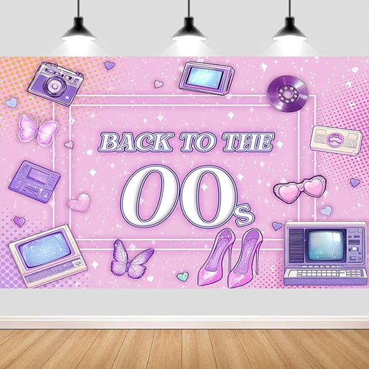 Back to 00's Party Banner,Pink Early 2000s Y2K Theme Backdrop,Retro Fashion Heart Glasses Butterfly Music Walkman Party Decorations Photo Booth Props,8X6FT