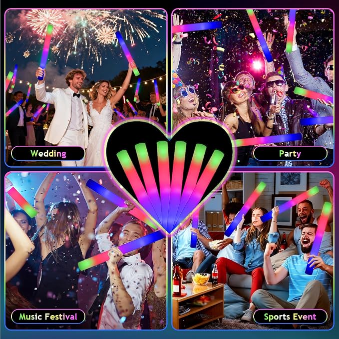 70pcs Foam Sticks Bulk, Foam Glow Sticks 3 Flashing Modes for Wedding Glow in The Dark Party Supplies, Light up Wands for Birthday, Outdoor Camping, Raves