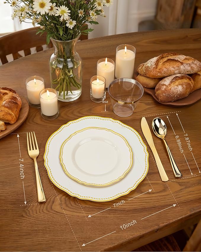 Hioasis 350pcs Ivory Gold Plastic Plates - Gold Plastic Dinnerware Set Includes 50 Dinner Plates, 50 Dessert Dinnerware, 50 Cups, 50 Napkins Perfect for Wedding & Party