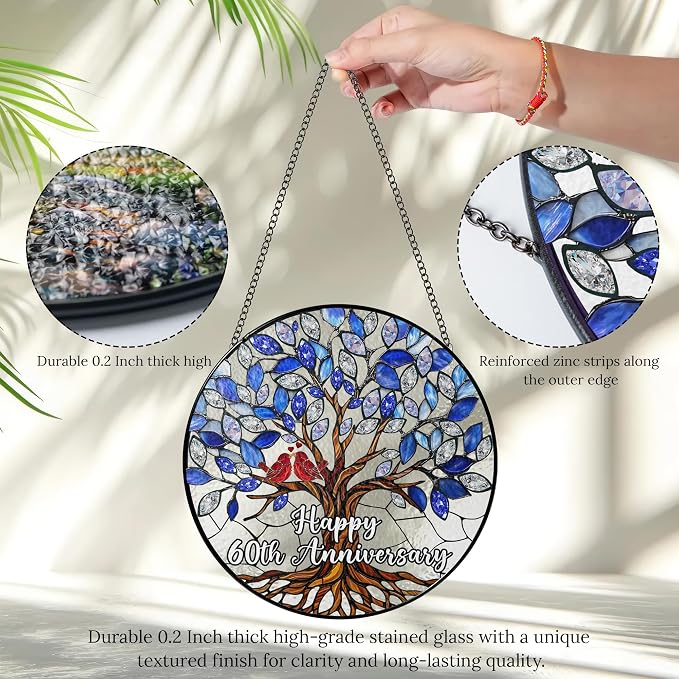 60th Wedding Anniversary Stained Glass Suncatcher, 6x6' Diamond Anniversary Decorations, 60th Celebration Marriage Gifts for Parents, Couple, Wife & Husband, 60 Wedding Milestone Keepsake