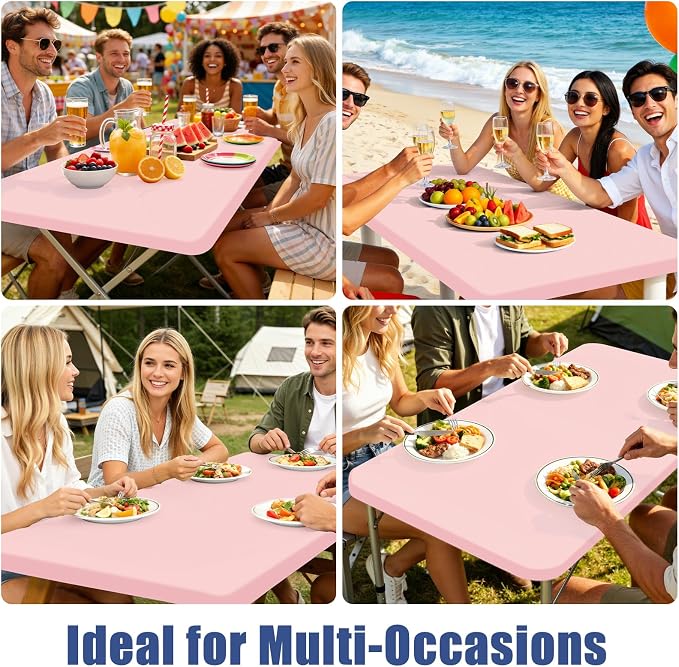 Moosfor Spandex 5 Foot Rectangle Table Cloth 4 Pack, Elastic Fitted Tablecloths for Picnic, Stretch Washable Patio Table Cover for Outdoor, Camping, Banquet and Parties (Pink, 30"x60")