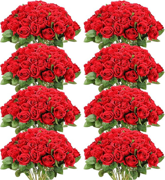 Hotop 120 Pcs Roses Artificial Flowers in Bulk,Long Stem Artificial Flower Bouquet,Silk Real Lifelike Fake Rose for Wedding Party Table Centerpieces Decor Valentines Gifts(Red)