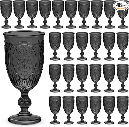 Wiwiqing 48 Pcs Plastic Goblets 7.5oz Vintage Goblet Plastic Wine Glasses Colored Retro Embossed Water Goblets for Wine Bar Juice Baby Shower Wedding Reception Grand Event Party (Black)