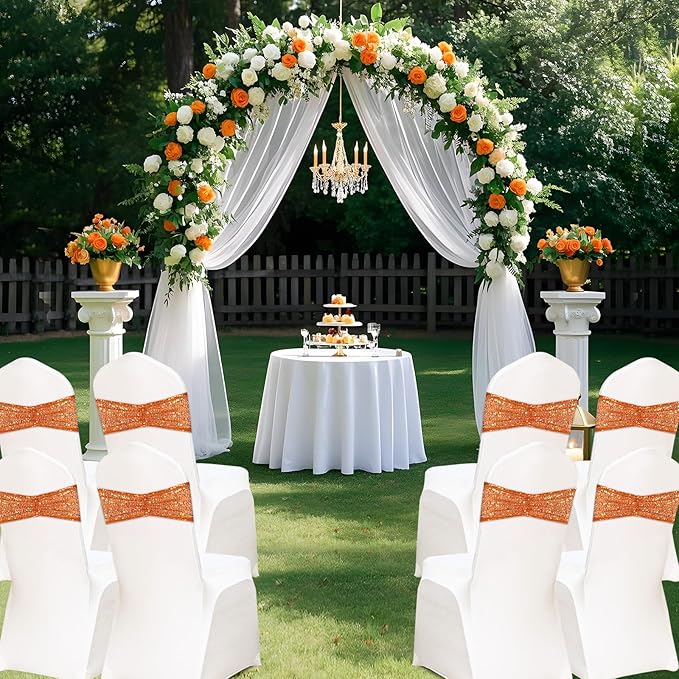 Eternal Beauty Set of 10 Orange Chair Sash Band Bows Sequin Chair Sashes for Wedding Cover Decorations