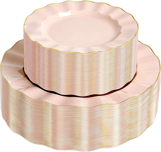 120PCS Blush Pink Plastic Plates, Heavy Duty Disposable Party Plates with Gold Rim, 60 Dinner and 60 Dessert for Mother's Day, Parties and Wedding