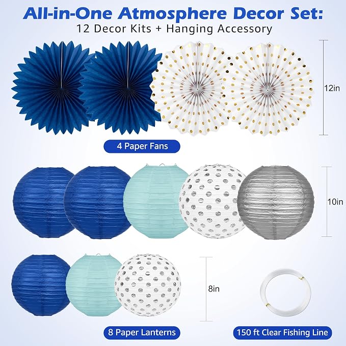 Navy Blue Party Decorations Set with Hanging Paper Lanterns Fans for Graduation Decorations 2026 50th 60th Birthday Wedding Anniversary Baby Shower Retirements
