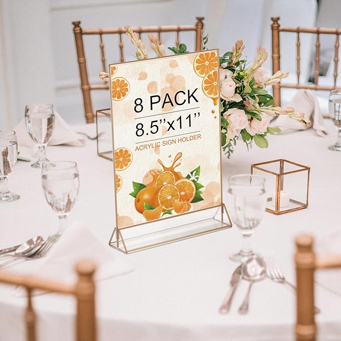 Gold Frame Acrylic Sign Holder 8.5x11 in, Double Sided Table Menu Holders 8Pack..