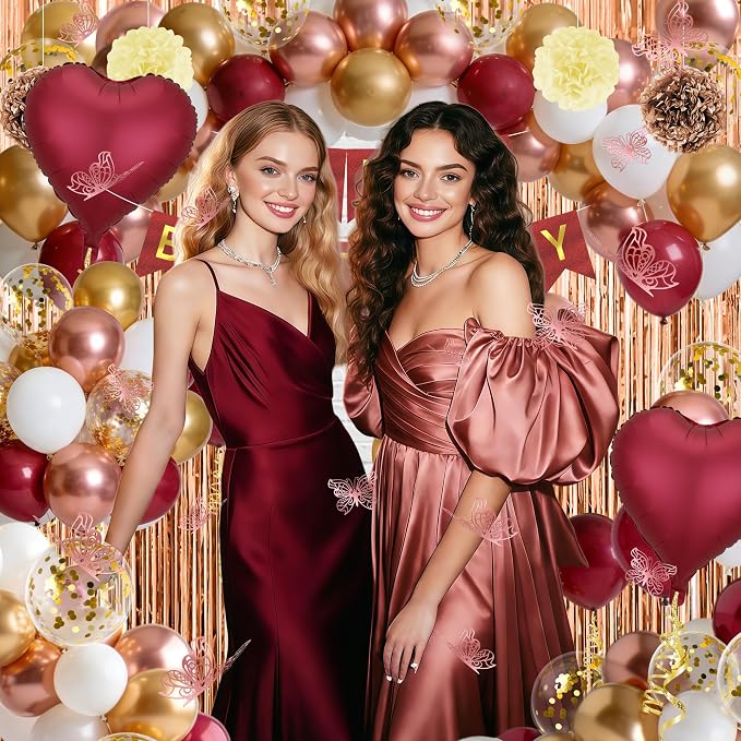 Burgundy Balloons Birthday Decorations, Happy Birthday Banner, Tassel, Heart Foil Balloons, Butterfly, Paper Flower and Fringe Curtains for Happy Birthday Decorations for Women Adults