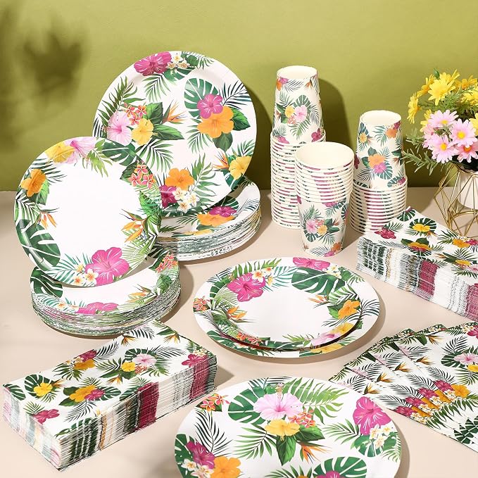 Pickmesh 250 Pcs Hawaiian Paper Napkins Plates Cups Set Tropical Nights Luau Party Supplies Hawaii Aloha Disposable Tableware for Summer Birthday Pool Beach Dinner, Serve for 50 Guests(Green,Flower)