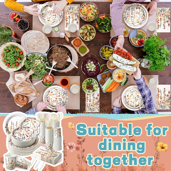 Sinmoe 400 Pcs Spring Wildflowers Plates and Napkins Set Paper Flower Dinnerware Disposable Party Supplies for 50 Guest Dinnerware Knife Fork Spoon for Spring Summer Birthday Baby Shower Party