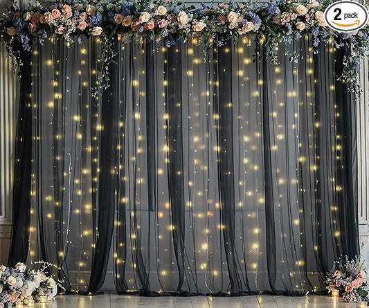 10ft x 10ft Black Tulle Photo Backdrop Curtain with Lights String for Parties Sheer Black Curtain Backdrop for Birthday Party Baby Shower Wedding Photo Booth Photography Background Decorations