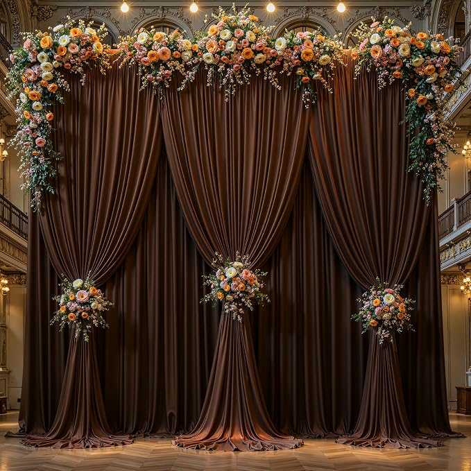 Dark Brown Backdrop Curtains-Wrinkle-Free Polyester Photography Drapes Party Curtain Background for Baby Shower Wedding Decorations- 24 X10FT