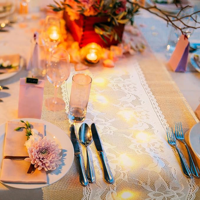 Xinnun 6 Pack Burlap Table Runner with Warm LED Lights,Rustic Lace Wedding Table Decor,Boho Farmhouse Jute Runner for Reception Bridal Shower Party(Funny,12x70 Inches)