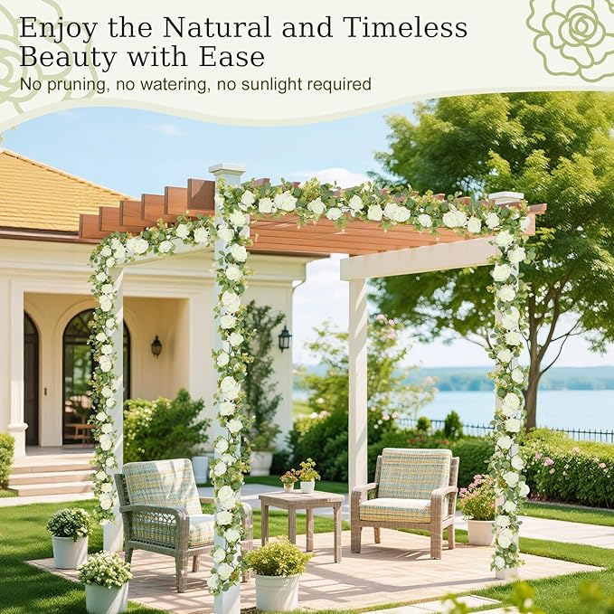 Lewondr Artificial Eucalyptus Garland with Flower, 2Pack 13FT Faux Floral Greenery Garlands Fake Flowers Vines, Maintenance-Free for Wedding Table Backdrop Party Centerpiece Room Decor, White