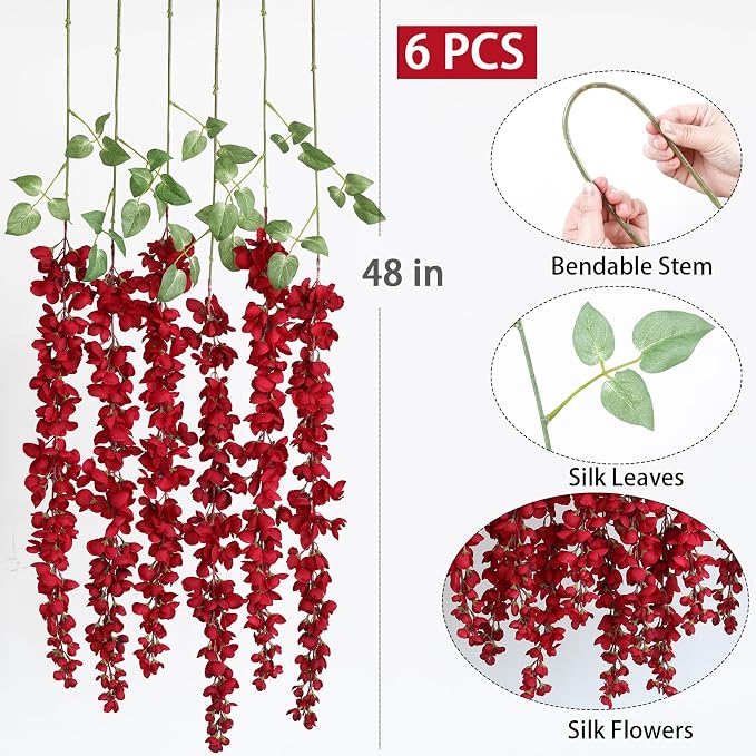 mizii 6Pcs Red Wisteria Hanging Flowers 48" Silk Wisteria Artificial Flowers Garland Vines Fake Hanging Flowers Decoration for Wedding Flower Wall Backdrop Centerpieces Room Decor (Red)