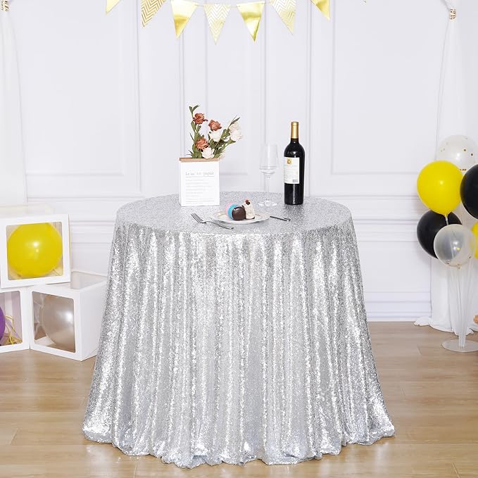 Poise3EHome 120 Inch Round Silver Sequin Tablecloth for Party Cake Dessert Table Exhibition Events