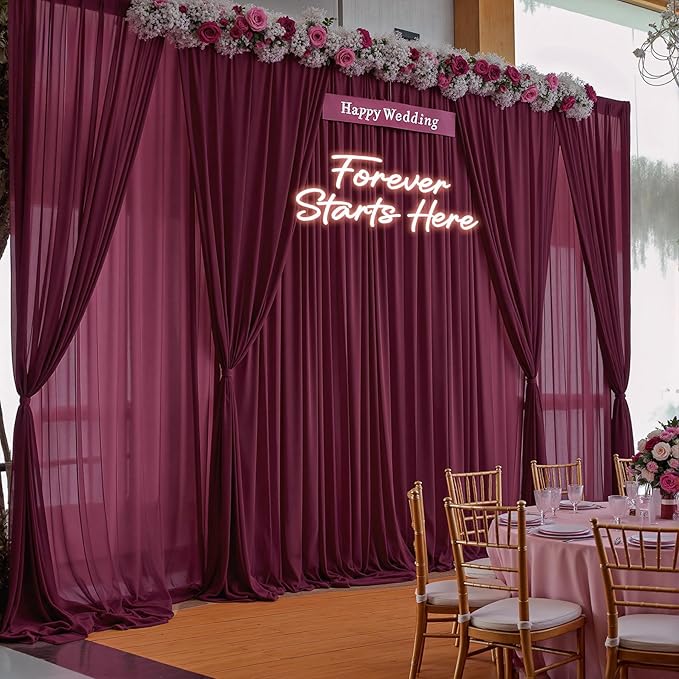 30ft x 10ft Burgundy Backdrop Curtains, Wrinkle-Free Sheer Chiffon Fabric Photo Backdrop Drapes for Wedding Arch Party Ceremony Stage Photography Decorations