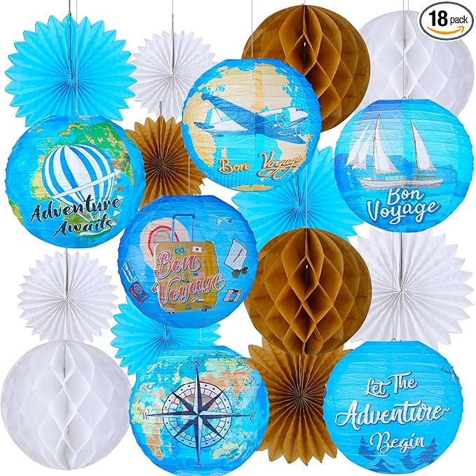 Baquler 18 Pcs Travel Party Party Decoration Around The World Bon Voyage Hanging Paper Lantern Let The Adventure Begin Fans Honeycomb Ball for Birthday Baby Shower Ceiling Decor Supplies
