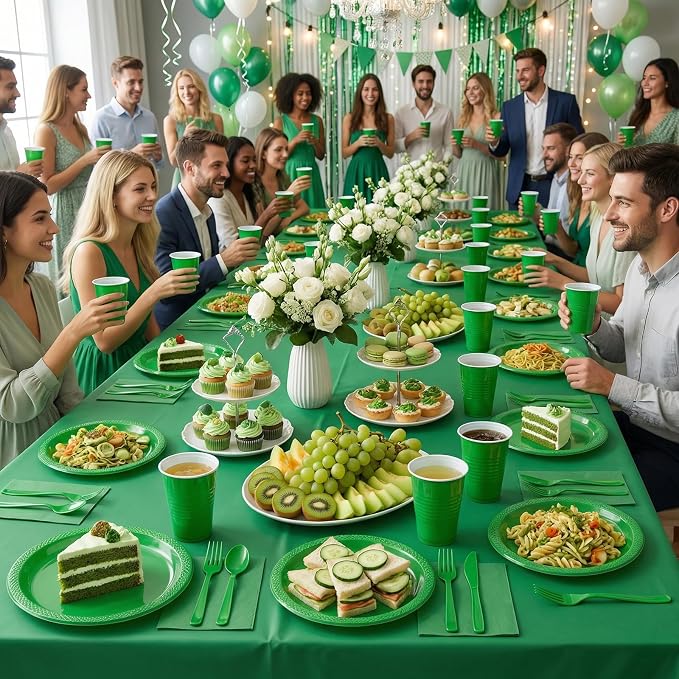 352 Pcs Green Plastic Plates Party Set, 50 Guests Disposable Dinnerware Set with Green Tablecloths, Fresh Green Plastic Plates Party Set for Garden Party/BBQ/St. Patrick's Day/Eco-Theme Event