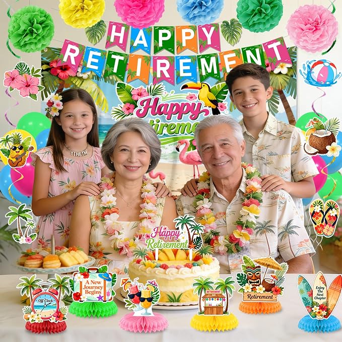 Luau Hawaiian Retirement Party Decorations Tropical Happy Retirement Banner Backdrop with Honeycomb Pom Poms Centerpieces Hanging Swirls Beach Summer Retirement Party Supplies