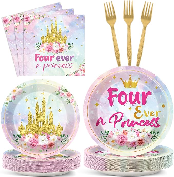 96Pcs Princess Birthday Party Supplies Four Ever a Princess Plate and Napkin Watercolor Pastel Rainbow Castle 4th Birthday Paper Dinner Plate Fairytale Party Tableware Dinnerware Set for Girl Serve 24