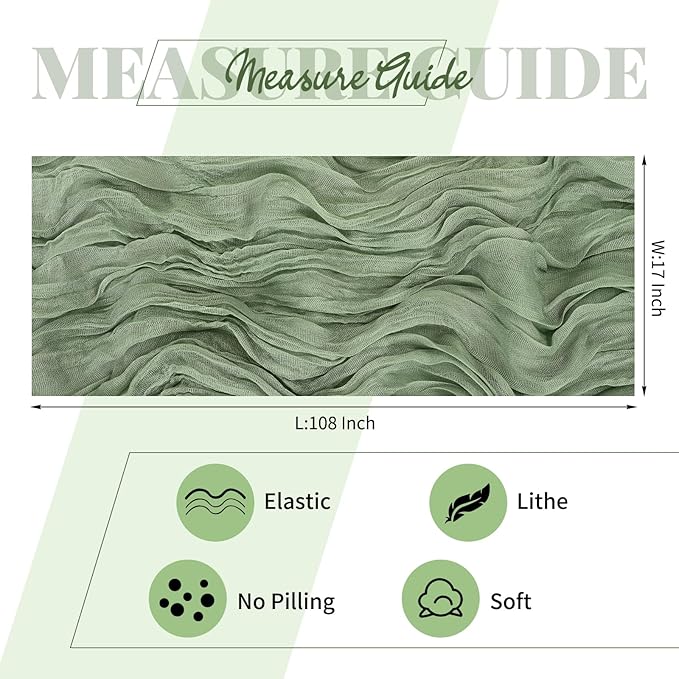 15 Pack Sage Green Cheesecloth Table Runner 17 x 108 Inch Fall Thanksgiving Boho Rustic Farmhouse Gauze Cheese Cloth Runner for Wedding Party Baby Shower Home Decor Holiday Decorations