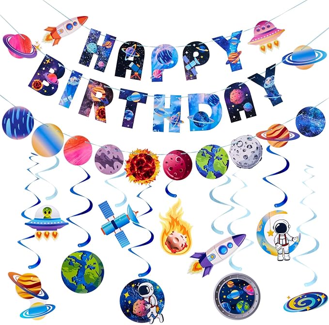 SUNBEAUTY Solar System Birthday Party Decorations Outer Space Happy Birthday Banner Planet Rocket Astronaut Hanging Swirls for Kids Boy Baby Shower First Trip Around The Sun School Supplies