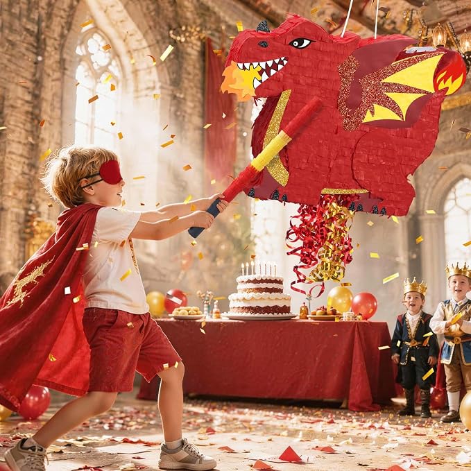 WERNNSAI Red Dragon Piñata - Dino Themed Piñata with Pull String, Stick and Blindfold, Piñata for Dragon Birthday Party Decorations Carnivals Games Supplies Summer Party (16.5"x12.4"x3")