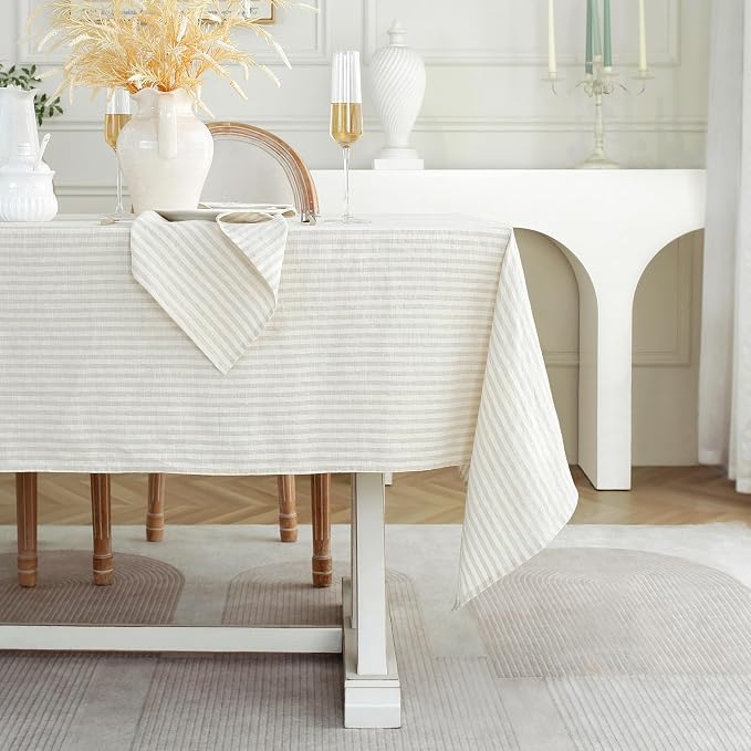 Linen World Stripe Tablecloth 60X120 Inch,100% Flax Tablecloth,10ft Fall Table Cloth Decorative Halloween Christmas Thanksgiving Table Cover,Handcrafted and Machine Washable,Natural Stripe
