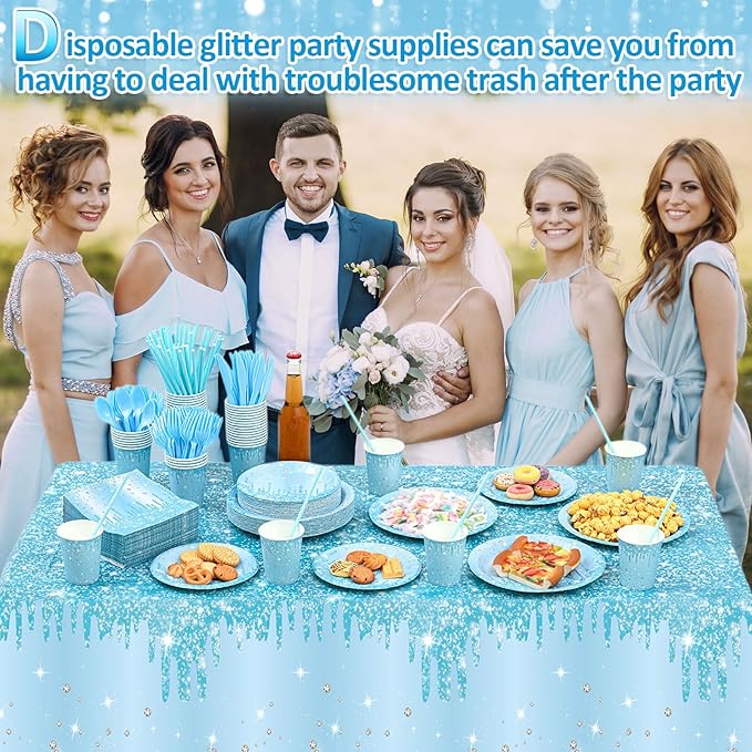 Funnymoom 452 Pcs Light Blue Party Decoration Include Glitter Baby Blue Paper Plates Napkins Cups Tablecloth Cutlery Straws Tableware for Baby Shower Birthday Wedding Graduation Party Supplies