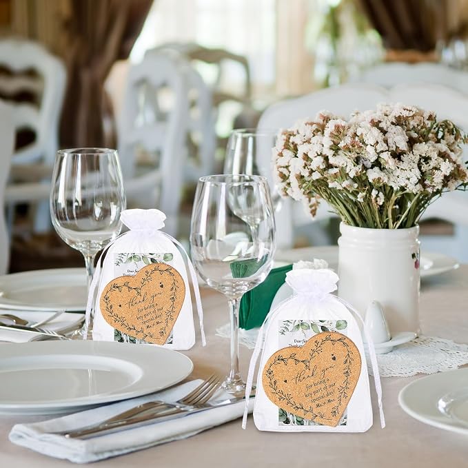 100 Sets Rustic Wedding Favor Coasters, Heart Cork Coasters for Guests, Mr & Mrs Coaster Favors with Thank You Cards & Organza Bags, Bridal Shower Party