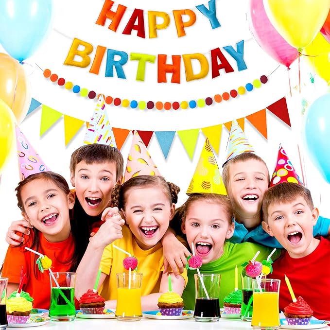CANREVEL Pre-Strung 3D Happy Birthday Banner, 3 PCS Blue Felt Garland, Pom Pom Garland, Triangle Fabric Bunting, Reusable Blue Birthday Decorations for Boys Men, Blue Orange