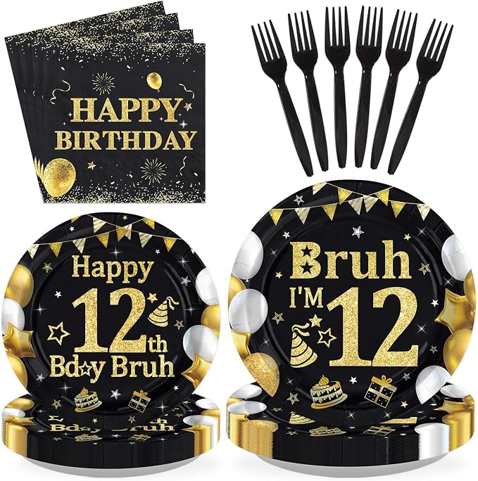 96 Pcs Bruh 12th Birthday Party Decorations Black Gold Bruh I’m 12 Plates and Napkins It's My 12th Birthday Tableware Set for Teen Boys and Girls 12 Years Old Party Supplies, Serves 24