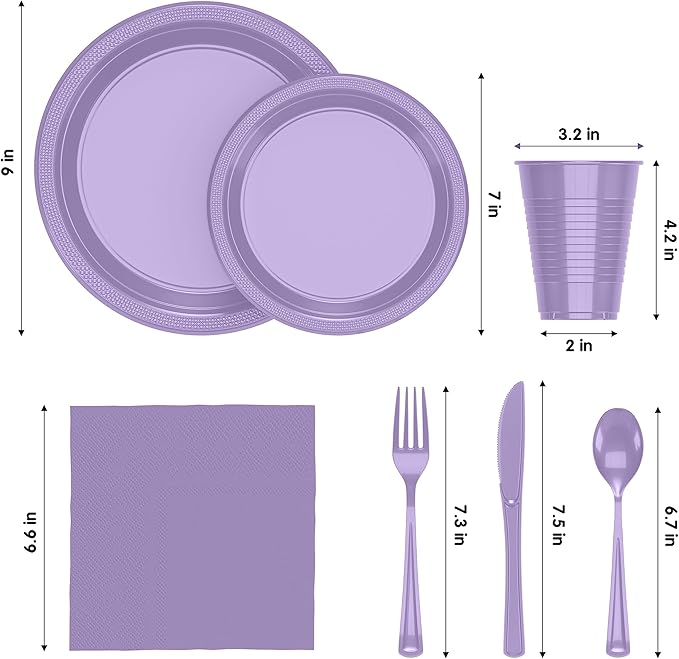 350 Pcs Lavender Plastic Plates For Party, Lavender Disposable Plates Set, 50 Of Each 9" Dinner Plate Set, 7" Dessert Plate, Cups, Napkins & Cutlery Plastic Dinnerware Set Exquisite
