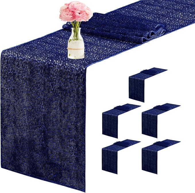 6 Packs 12 x 72 inches Sequin Table Runner, Navy Blue Glitter Table Runner for Birthday Party Supplies Wedding Engagement Baby Shower Holiday Celebration Event Decorations