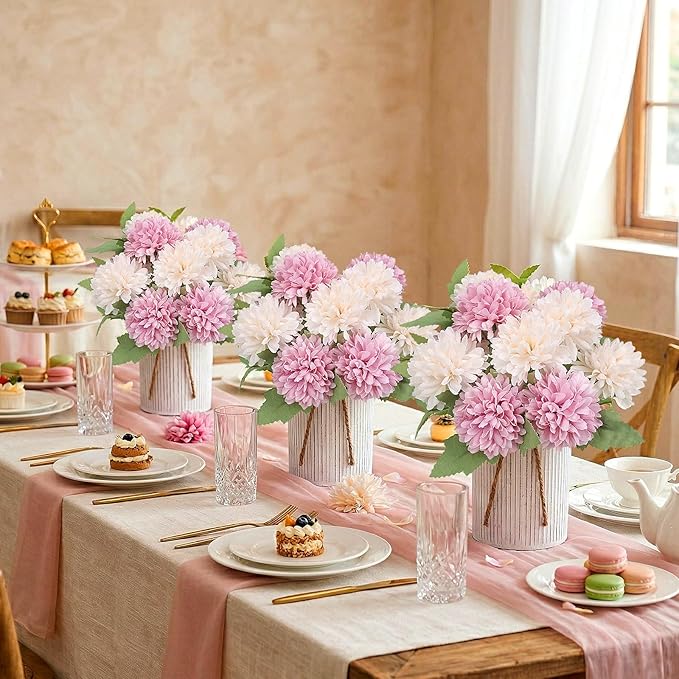 Pre-Made Flower Table Centerpieces, Set of 6 Artificial Silk Chrysanthemum with Farmhouse Metal Vases for Wedding, Birthday Parties, Home, Dining Table Decorations - Dusty Pink & Champagne