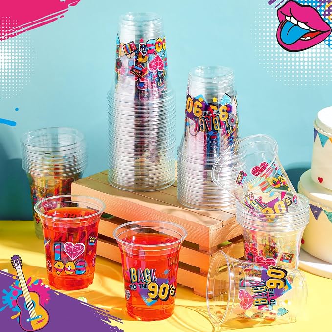 FoldTier 50 Pcs 90s Cups 12 oz Plastic Throwback Dance Glasses Clear Retro Music Disposable Glasses Hip Hop Drinking Cups for Home Retro Hip Hoptheme Party Favors Supplies Decoration (90s)