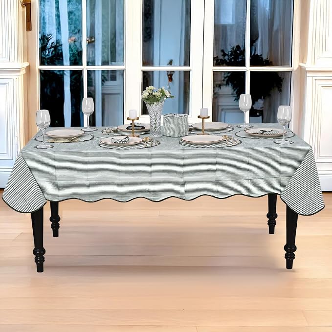 Ridhi Green Stripe Scallop 60x60 Inches Square 100% Cotton Hand Block Print Washable Decorative Spring Summer Parties/Wedding Use,Fall décor Farmhouse Dining Dinner Tablecloth
